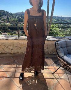 <b>Women's</b> Attractive Boho Cotton <b>Linen</b> Ukrainian Vyshyvanka <b>Dress</b> Brown Embroidery Square-Neck Ruffles Long Length Woven Washable - Product Image 3