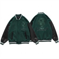 Veste de baseball personnalisée verte avec manches en cuir noir pour hommes et femmes, veste bomber Letterman, broderie personnalisée