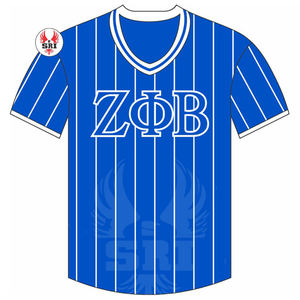 Camiseta de béisbol azul Zeta con botón de ajuste blanco en la parte delantera Camisa de hermandad unisex de poliéster ligero para eventos de la vida griega - Product Image 6
