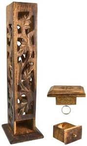 Brûleur d'encens tour carrée en bois sculpté avec attrape-cendres coulissant - Product Image 3