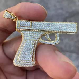 Sterling Silver 14K Yellow Gold Plated 3-Ct Round Cut Diamond Pendant with Gun <b>Charm</b> Customizable for Parties Classic - Product Image 1