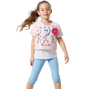 ชุดเสื้อยืดและเลกกิ้งเด็กผู้หญิง Denokids Life Is Fun ลายการ์ตูน ผ้าคอตตอนเจอร์ซีย์ สวมใส่สบาย เหมาะสำหรับฤดูใบไม้ผลิและฤดูร้อน - Product Image 1