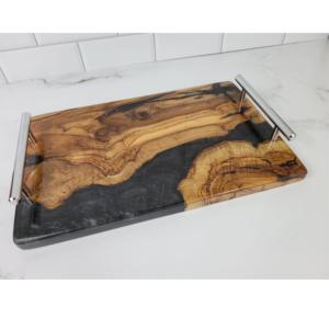 Plateau de service en bois et résine avec poignée en métal pour plateau à fruits en résine et en bois et plateau de service alimentaire pour Restaurant - Product Image 6