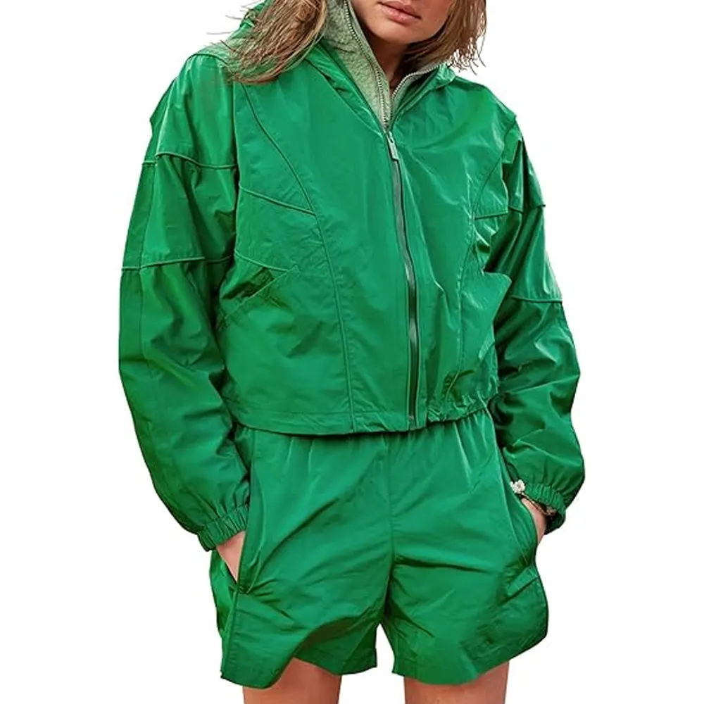 Women's Windproof Zip Hooded Windbreaker and Shorts Outdoor Tracksuit Set in Green Color - 2 Piece Outfit