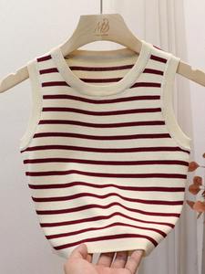 Camisetas sin mangas a rayas de verano y primavera para mujer, camisetas de punto sin mangas, Tops cortos, chalecos informales ajustados elásticos para mujer, Jersey - Product Image 4
