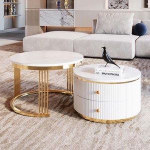 Juego de Mesa de Centro Moderna de 27.6 Pulgadas en Blanco y Dorado con 2 Cajones, Mesa Auxiliar Redonda de MDF y Metal para Sala de Estar - Product Image 3