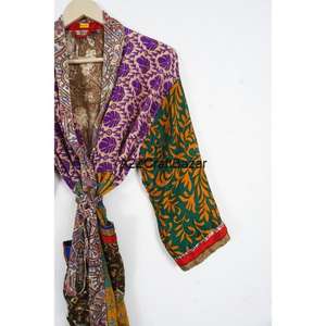 ชุดคลุมผ้าไหมทำมือสำหรับผู้หญิง ดีไซน์หรูหรา แบบปะติดปะต่อ สไตล์โบฮีเมียน คอวี ผูกเชือก แขนยาว ผ้าเนื้อนุ่ม ระบายอากาศได้ดี สวยสง่า - Product Image 3