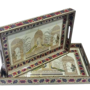 Ensemble de plateaux de service en bois écologique Art déco moderne avec impressions colorées pour la maison et les événements - Product Image 1