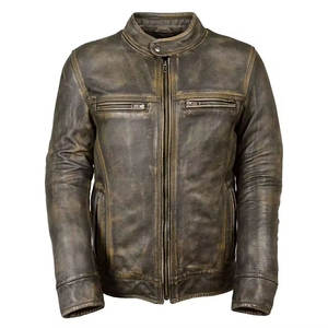 Veste en cuir pour homme, cuir de vache véritable, fermeture éclair sur le devant, vêtement d'extérieur décontracté, veste en cuir, col montant - Product Image 1