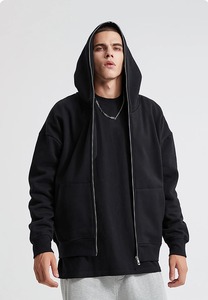 Men's Retro Long Sleeve <b>Zip</b>-<b>Up</b> Hooded Sweatshirts Oversized <b>Black</b> Polyester/Cotton Jackets Embroidered Coats for Plain Dyed - Product Image 5