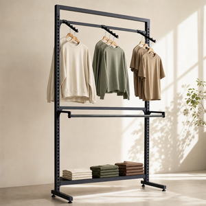 Sistema de Exibição Modular de 3 Níveis com Prateleiras e Trilho para Roupas, Revestido a Pó, para Lojas de Varejo, Boutiques e Exposições - Product Image 1