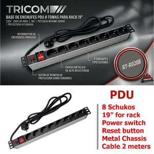 Unidad de Distribución de Energía (PDU) TRICOM RT-R020B de Aleación de Aluminio, 8 Vías, para Rack de 19 Pulgadas, IP54, 16A, con 8 Tomas Schuko para Armarios de Servidores - Product Image 3