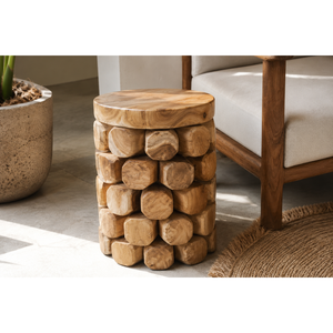 ARTERRA Premium Teak Wood Pineapple <b>Stool</b> Modern Round Accent <b>Table</b> Luxury Cluster Log <b>Stool</b> for Villa - Product Image 5
