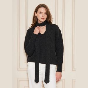 Ensemble pull et écharpe en tricot oversize à col en V pour femme – Tenue d'hiver élégante et décontractée en mélange de laine, coupe ample, deux pièces - Product Image 1