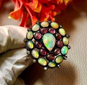 แหวนเงินสเตอร์ลิง925พร้อมพลอยสามสีจากธรรมชาติและโอปอลเอธิโอเปียนแหวนเงินแฮนด์เมดสำหรับเป็นของขวัญให้กับผู้หญิง - Product Image 1