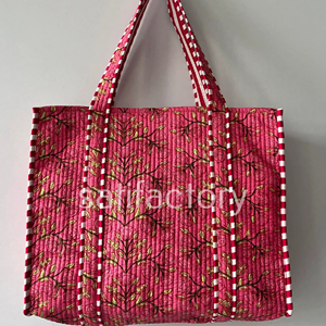 Handmade <b>Large</b> Floral Cotton Tote <b>Bag</b> Block Print Reversible Quilted Zipper and <b>Drawstring</b> Closure for Shopping or Beach Use - Product Image 1