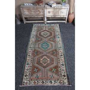 Rug Vintage Rug, 7.3x3.4 ft Turkish Rug, <b>Brown</b> Geometric <b>Wool</b> Rug - Product Image 1