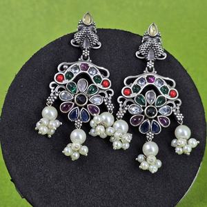 Oxidized Silver Brass Beautifully MultiColor Stone <b>Studded</b> <b>Earrings</b> Gift for her - Product Image 2