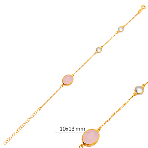 Pink Quartz Oval 22K Gold Bezel CZ Stones Charm Bracelet 925 Sterling Silver Jewelry Wholesale Handcrafted Jewellery - Product Image 3