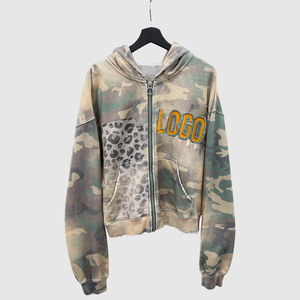 Parche de algodón personalizado bordado desgastado Vintage de gran tamaño Sun Faded Acid Wash Camo Zip up Hoodie - Product Image 6