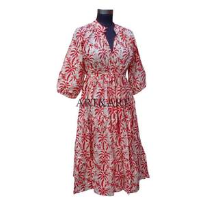 Robe midi de carrière en tricot 100% coton pour femmes, style bohème vintage, imprimé floral, manches longues, col en V, manches bouffantes, silhouette en A - Product Image 5