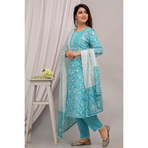 Light Blue Chiffon Floral Print Kurta with Yoke Design Three Quarter Sleeves & Coordinating Trousers & Dupatta - Product Image 3