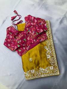 Designer Traditional Silk Wedding Sari with Embroidered <b>Lace</b> Piping Border Digital Print <b>Yellow</b> Silk Blouse Party Wear Elegance - Product Image 3