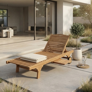 Chaise longue d'extérieur en teck massif avec plateau coulissant, chaise de piscine inclinable à lattes, design artistique et décoratif - Product Image 3