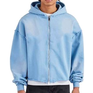 New Arrival <b>Men's</b> Casual Acid Washed <b>Hoodie</b> <b>Blue</b> Oversized Loose Zip-up with Front Logo Spring Autumn Regular Used Wholesale - Product Image 3