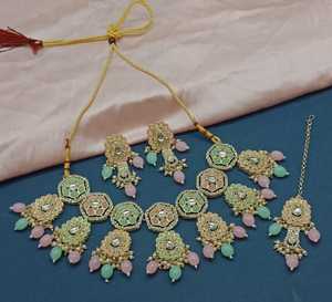 Nuevo diseño de lujo chapado en oro tradicional Motipearl & Drop Kundan tachonado gargantilla collar pendiente Mangtika conjunto y conjunto de joyería - Product Image 1