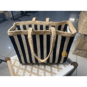 Large Jute and Cotton Tote <b>Bag</b> with Striped Design Open Closure Carry <b>Bag</b> for Summer Shopping and Travel (16x7x13 In) - Product Image 3
