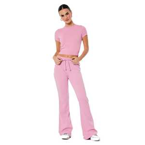 Más vendidos, llegada de verano, pantalones acampanados en blanco de Color rosa para mujer, pantalones elegantes con corte de bota para mujer media con cintura elástica - Product Image 3