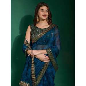 ผ้าชีฟองพิมพ์ลายดิจิทัลสีน้ำเงินกรมท่าสวยงามสำหรับงานเทศกาลและงานแต่งงาน - Product Image 6