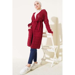 Claret <b>Red</b> Women's Double Pocket Hole Belted Knitwear <b>Cardigan</b> - Product Image 1