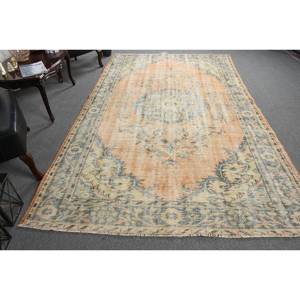 Tapis turc vintage 6 x 10,2 pieds, beige et bleu, patchwork, en laine écologique, à poils moyens, en latex, classique, rectangulaire, pour salle à manger - Product Image 4