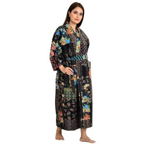 <b>Kantha</b> Stitch 100% Cotton Reversible Long Kimono Women <b>Jacket</b> Handmade Stitch Robe Black Patchwork Print Swimsuit Cover Ups - Product Image 4