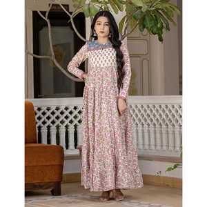 Vestido Anarkali de Algodón Blanco con Estampado de Bloques, Estilo Boho Elegante, Transpirable y de Talla Única para Invitadas de Boda, Suministro ODM - Product Image 3