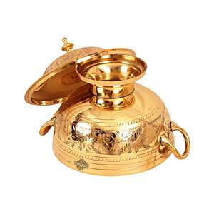 Donga en laiton fait main avec motif floral gravé, style Mughlai, plat de service de mariage, couvercle poli, poignées, vaisselle de table - Product Image 4