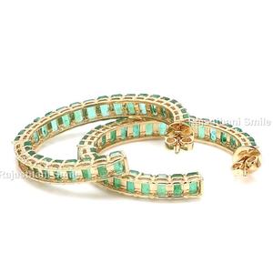 14K or jaune massif élégant à la mode boucles d'oreilles créoles IGI certifié émeraude coupe pierre précieuse 5x3mm griffe réglage boîte à bijoux femmes - Product Image 4