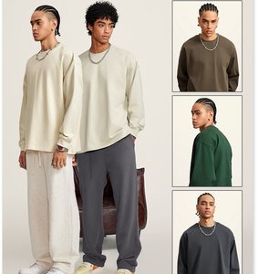 Camiseta holgada de manga larga de algodón de talla grande 2025 Otoño Invierno pesado 425G color sólido básico fuera del hombro - Product Image 1