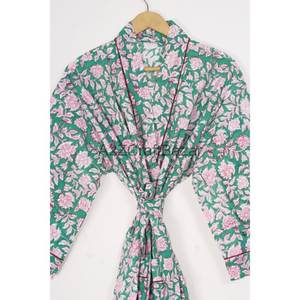 100% Cotton Elegant V-neck Kimono Dressing Gown Elastic Waist Full Length Women's Bathrobe Hand Block Printed Soft Lightweight - Product Image 4