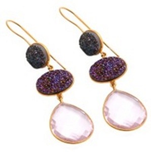 Boucles d'oreilles en Quartz rose et pierres précieuses Druzy en argent Sterling 925 et forme ronde - Product Image 1