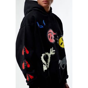 Customized Men's Distressed Pullover <b>Hoodie</b> High Quality 100% Cotton Solid Pattern Streetwear with String Rhinestone for Winter - Product Image 1