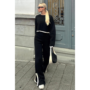 Conjunto de Top y Pantalones de Punto para Mujer, Camiseta a Rayas Blancas y Negras, Pantalones Cortos de Pierna Ancha - Product Image 2