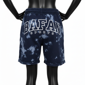 Shorts en molleton de coton premium 300 GSM, effet délavé, bleu marine, patch chenille tie-dye, impression sérigraphique, logo personnalisé, coupe ajustée pour femme - Product Image 2