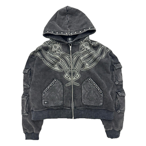 Sudadera Corta de Estilo Urbano, Lavada, Vintage, de Felpa Francesa, con Cierre, Tachuelas y Efecto Desgastado - Product Image 1