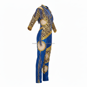 Dancewear <b>Blue</b> Shimmer Metallic Bodysuit Women's Full Length Performance Outfit with Mesh Cut-outs and Sequins - Product Image 3