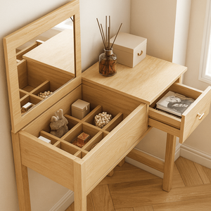 Commode de style scandinave Taranto avec miroir éclairé, tabouret, panneau en bois de pin et métal, coiffeuse pour chambres modernes - Product Image 3