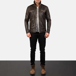 Veste en cuir véritable tendance style américain pour hommes Manteau d'hiver décontracté personnalisé avec tissu en toile avec logo à l'avant - Product Image 6