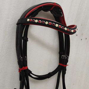 Banda de cejas de cristal de piedra de diseñador y relleno rojo con riendas Web Brida de cuero de doma disponible en la India. - Product Image 3